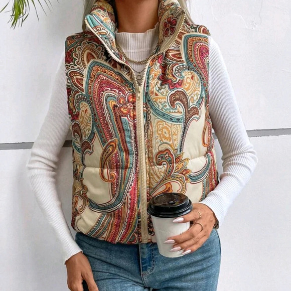Paisley Print Zip Up Vest Padded Coat,Ladies Late Fall Casual Zipper - Picture 4 of 5